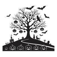 Halloween Spooky Tree Silhouette with Bats and Pumpkins Illustration vector