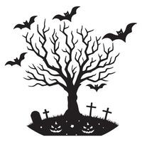 Spooky Halloween Tree Silhouette with Bats and Gravestones Illustration vector