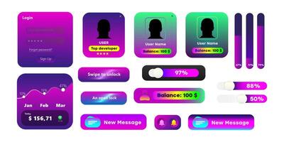 Neon gradient UI elements set including login form, profile cards, progress bars, buttons, and financial statistics. Modern futuristic app interface design template vector