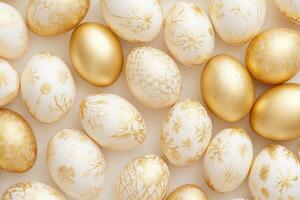 golden Easter eggs pattern, top view flat lay photo