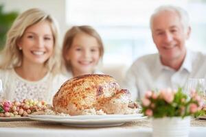 smiling family of three eating easter dinner at home. photo