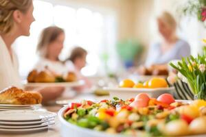 family of four eating easter dinner at home, selective focus photo