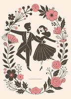 Romantic Vintage Wedding Invitation. Loving couple in retro style. Hand drawn illustration with floral ornament. Vintage invitation card with couple dance illustration vector