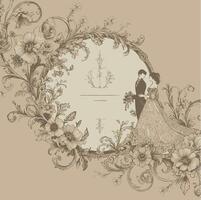 frame with ornament. Vintage Wedding Invitation Card. Wedding invitation card with vintage floral ornament and bride and groom vector