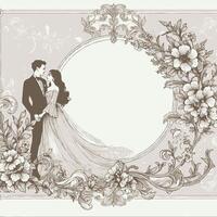 Wedding invitation card with floral frame and bride and groom. Excited bride and groom jump of joy Happy wedding. Can be used for cards, invitations, banners, posters vector