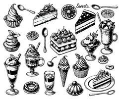 Cakes, biscuits, baking, cookie, pastries, donut, ice cream, macaroons. Black and white. Set of hand drawn desserts and sweets illustration in sketch style. vector