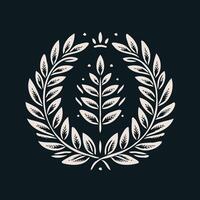 A wreath with berries and leaves on it is drawn in black and white. A wreath with a green leaves and a symbol for the winner of the contest. vector