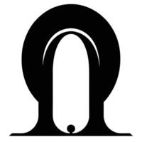 Minimalist black and white logo, abstract horseshoe shape, geometric design, circular top with elongated oval opening, small dot at base, symmetrical composition, stark contrast, sim vector