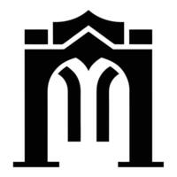 Minimalist logo design, black and white, architectural arch, gothic style, symmetrical, simple shapes, shield shape, medieval-inspired, iconic branding, graphics, clean lines, monochrome vector
