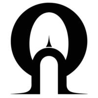 Minimalist logo design, black and white, abstract omega symbol, symmetrical composition, bold typography, negative space, geometric shapes, stark contrast, sleek modern aesthetic, simple yet i vector