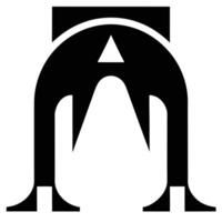 Minimalist logo design, black and white, symmetrical, abstract geometric shapes, arched structure, triangular element, negative space, bold lines, simple yet vector