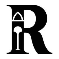 Stylized letter R, bold black typography, white background, geometric shapes within letter, minimalist design, negative space, serif font, abstract logo, monochrome artwork, graphic design element, vector