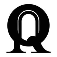 Black and white logo, minimalist design, stylized letter Q, omega symbol, curved lines, geometric shapes, negative space, bold typography, monochrome graphic, symmetrical composition, abstract icon, vector