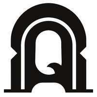 Black and white logo, minimalist design, letter Q, geometric shapes, arch motif, bold typography, symmetrical composition, negative space, modern icon, abstract symbol, monochrome vector