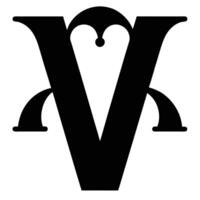 Logo design, minimalist, black and white, letter V, stylized typography, symmetrical, elegant, curved elements, negative space, bold graphic, simple shape, monogram, visual identity, sharp contrast, vector