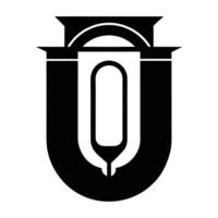 Minimalist logo design, black and white, stylized letter U, architectural arch, paperclip shape, shield emblem, bold geometric forms, symmetrical composition, negative space, vector