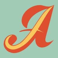 Stylized letter A, cursive typography, red and yellow gradient, mint green background, vintage graphic design vector