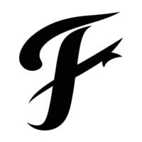 Stylized letter F, black and white logo, sleek calligraphy, dynamic curves, sharp points, minimalist design vector