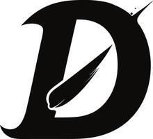 Bold letter D, stylized typography, black and white design, abstract feather shape, minimalist logo vector