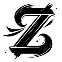 Stylized letter Z, black and white typography, ornate calligraphy, dynamic brush strokes, flowing curves, bold contrast, abstract flourishes, minimalist design, graphic art, vector