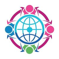 Global unity, stylized human figures, vibrant colors, blue globe icon, circular design, interconnected symbols vector