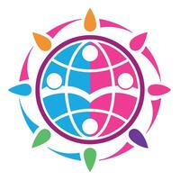 Colorful abstract logo, global unity symbol, stylized globe with figures, vibrant pink and blue halves, circular design, teardrop shapes radiating outward vector