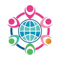Global unity, colorful diverse community, abstract human figures, circular arrangement, globe icon vector