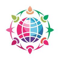 Colorful abstract logo, stylized globe icon, vibrant pink and blue, leaf-like shapes, circular composition, unity symbol, diversity concept, graphic design, minimalist, vector