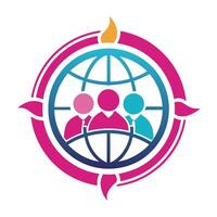 Global network, stylized human figures, world map, colorful abstract logo, unity symbol, interconnected community vector
