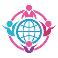 Global unity, stylized human figures, circular design, blue globe icon, pink and blue color scheme vector