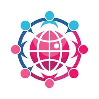 Global connectivity, stylized world globe, circular human figures, unity symbol, pink and blue gradient, vector