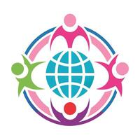 Colorful abstract logo, global unity, stylized human figures, circular design, interconnected shapes, vector