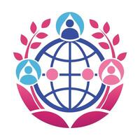Logo design, global unity, stylized human figures, abstract globe, interconnected circles, pink and blue color scheme vector