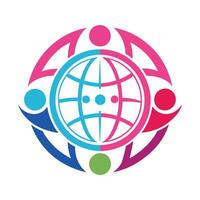 Logo design, global connectivity, stylized human figures, circular composition, vibrant colors, pink and blue gradient, abstract globe icon, unity symbol, minimalist ge vector