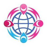 Logo design, globe icon, abstract map pins, circular composition, pink and blue gradient, minimalist vector
