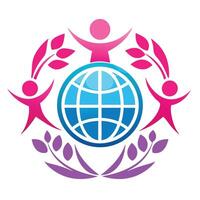 Global unity, abstract figures, stylized globe, vibrant colors, pink and purple leaves, symmetrical design vector