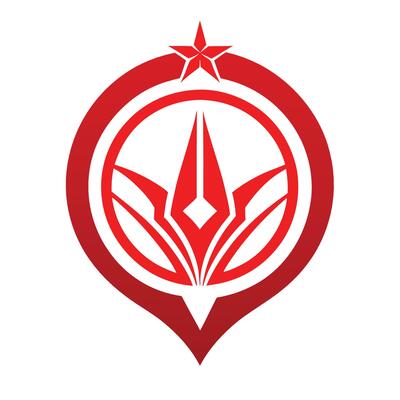Red geometric logo, star shape, circular design, angular elements, symmetrical composition,