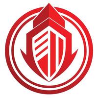 Red geometric logo, shield shape, arrow motif, circular emblem, minimalist design, bold lines, symmetrical composition vector