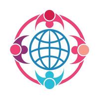 Global unity, stylized human figures, circle composition, blue wireframe globe, abstract representation of diversity, vector