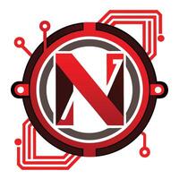 the logo for the n in red and black. Logo design, letter N, circular emblem, red and black color scheme, geometric shapes, circuit board pattern vector