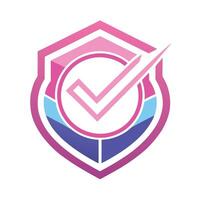 Shield logo, checkmark icon, geometric design, pink and blue gradient, white outline, modern emblem, minimalist style, security symbol, verification badge, clean lines, pro vector