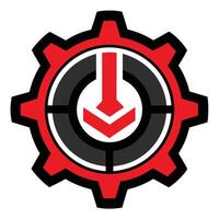Logo design, gear shape, red and black color scheme, minimalist, geometric, arrow pointing down vector