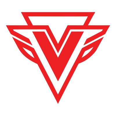 Red geometric logo, stylized V shape, wings, triangular design, bold lines, minimalist, sharp angles