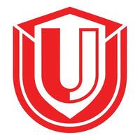 Logo design, minimalist, letter U, shield shape, red and white color scheme, bold lines, geometric, vector