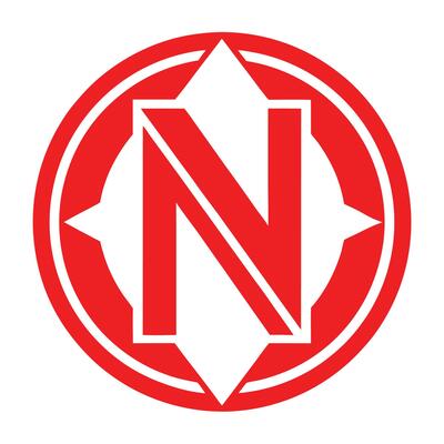 Red circular logo, bold letter N, white background, minimalist design, geometric shapes