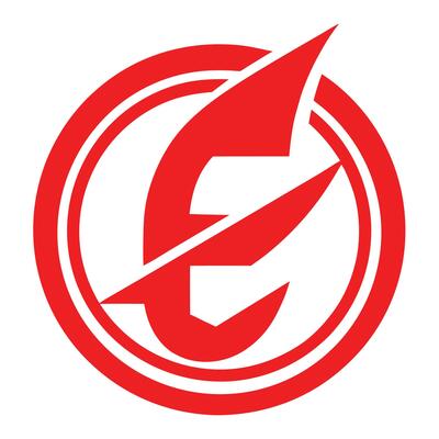 Red circular logo, lightning bolt design, minimalist superhero emblem, dynamic energy symbol