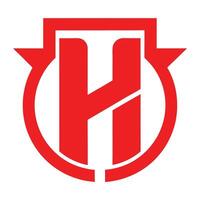 Logo design, minimalist, red and white, letter H, circular emblem, arrows, geometric shapes, bold typography vector