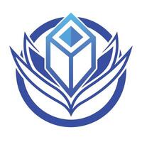 Minimalist logo design, geometric cube shape, stylized wings or leaves, circular emblem, blue and white color scheme vector