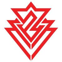 geometric logo, red and white, triangular shape, interlocking lines, symmetrical design, minimalist, vector