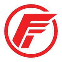 Red circular logo, bold geometric F design, minimalist corporate emblem, striking simplicity, dynamic angular letterform vector